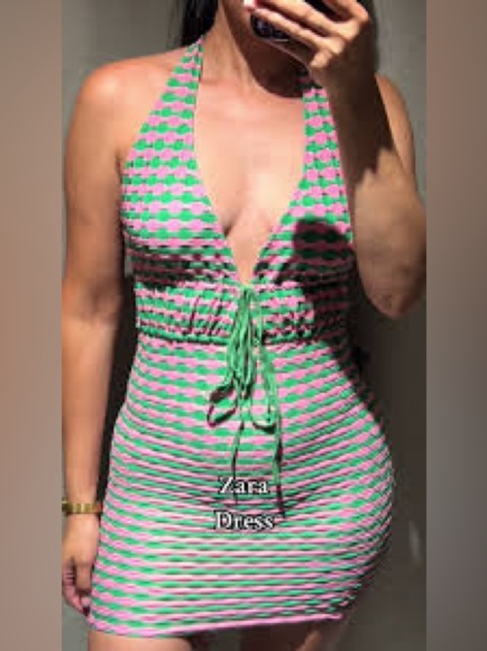 Zara Green and Pink Halter Neck Mini Dress Size Large